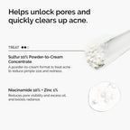 Infographic showing how the set unlocks pores and clears acne. Details Sulfur 10% to reduce pimple size and redness next to a powder swatch, and Niacinamide 10% + Zinc 1% to reduce pore visibility, excess oil, and boost radiance.